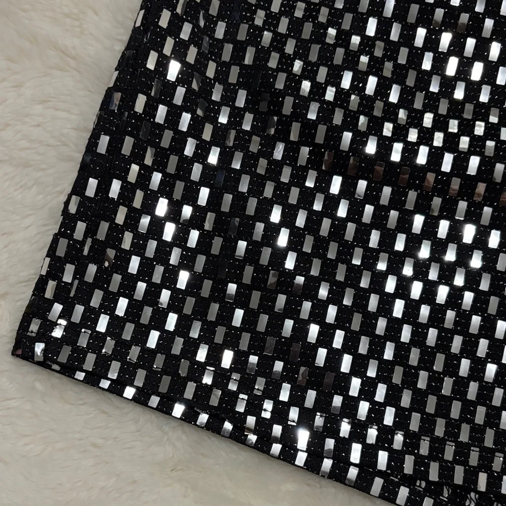 High-Waist Black Sequin Check Shorts - Picture 2 of 3